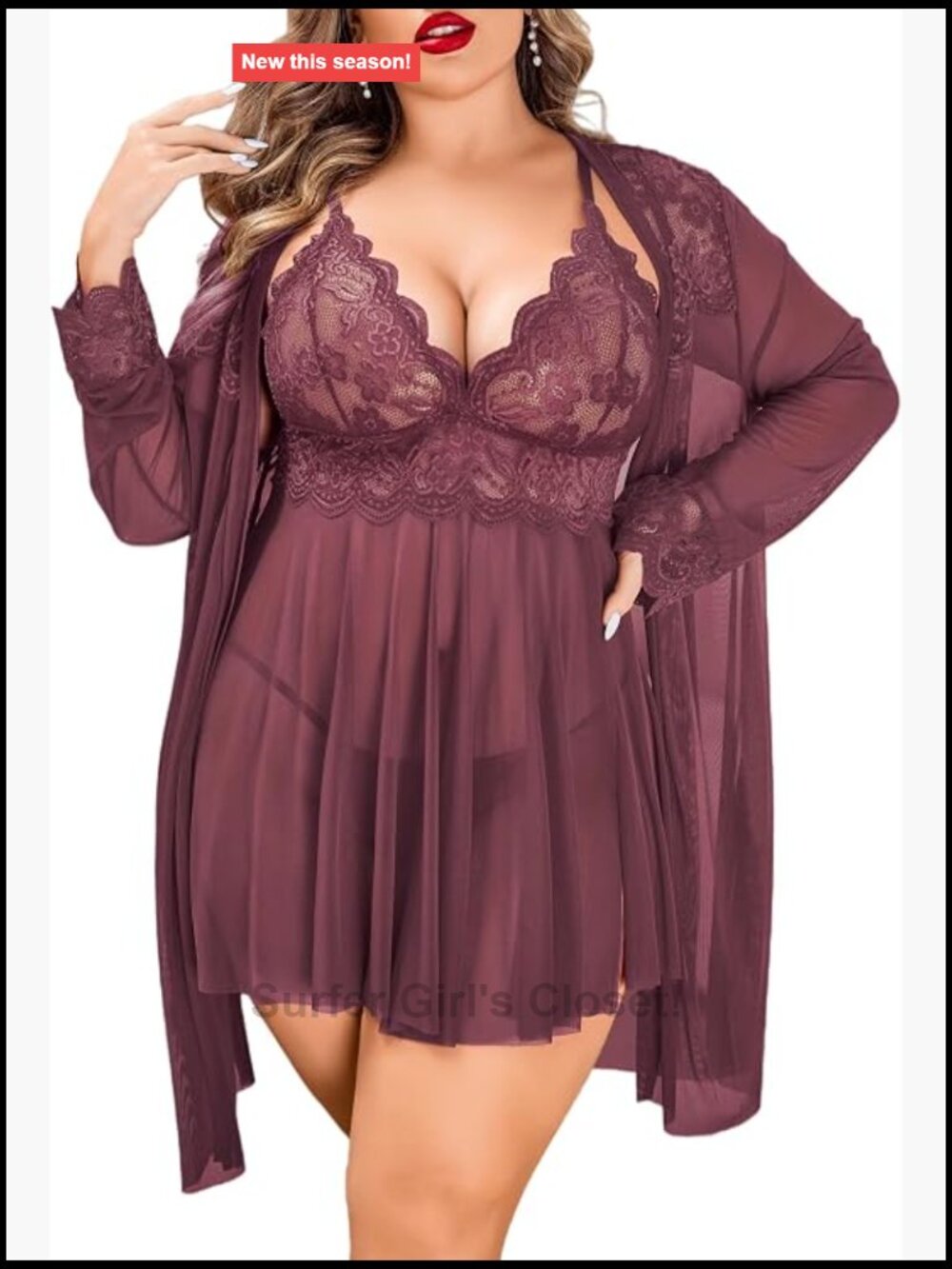 Plus Size Lace Chemise & Robe Set Deep V Neck Side Slit Nightgown